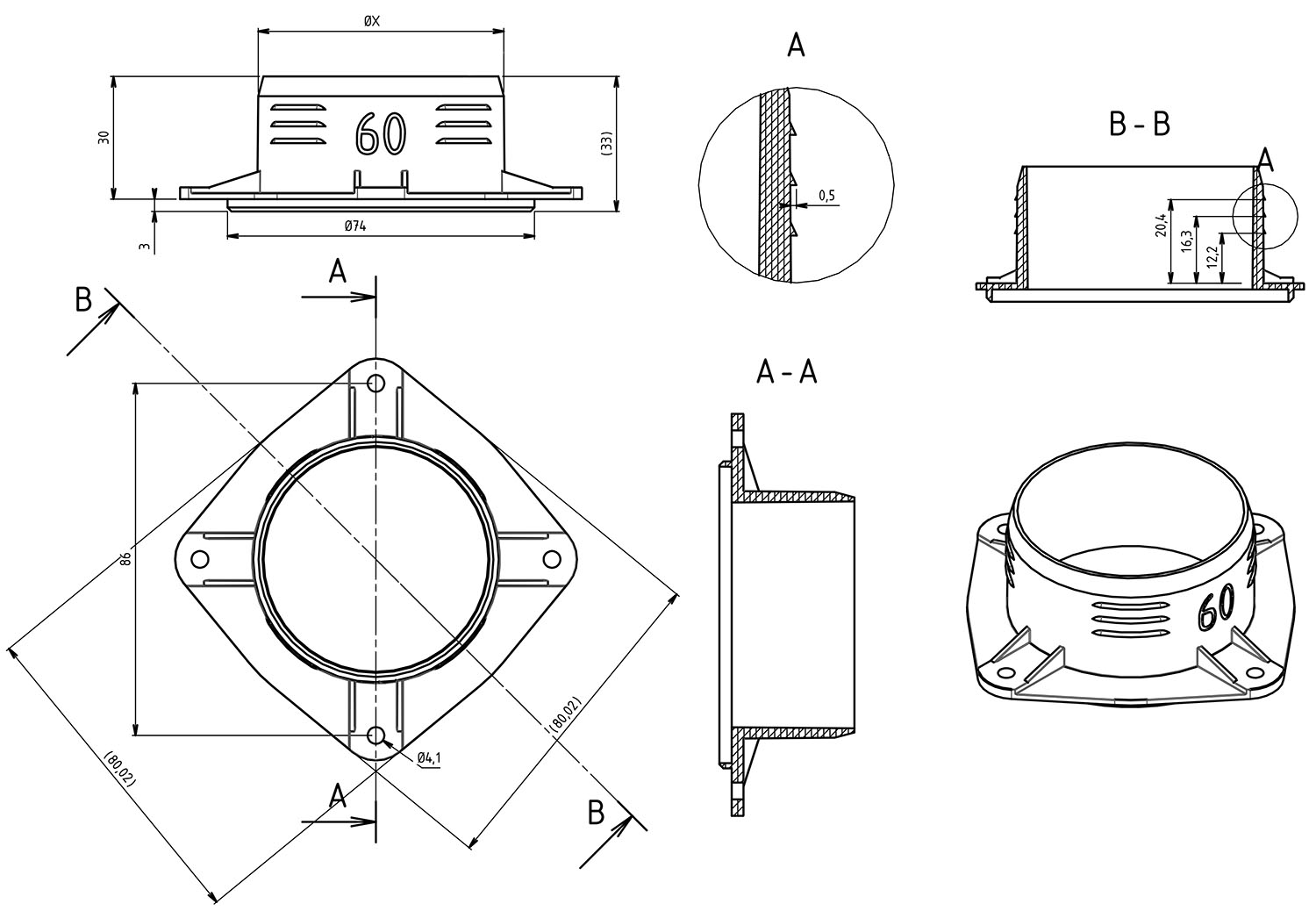 4 Bolt Air Connector 60mm Dimensions