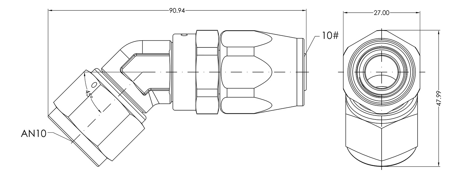 AN10 45° Swivel Seal Dimensioned Drawing
